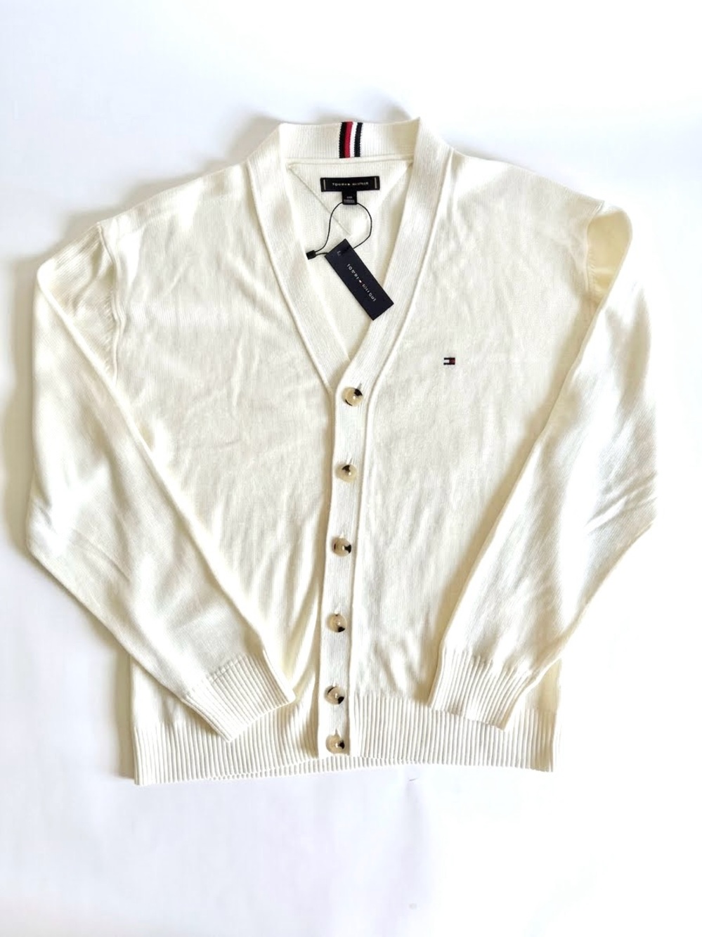 Tommy Hilfiger Cardigan Sweater Large Cream White V-Neck NWT Preppy Grandpacore - Picture 3 of 13